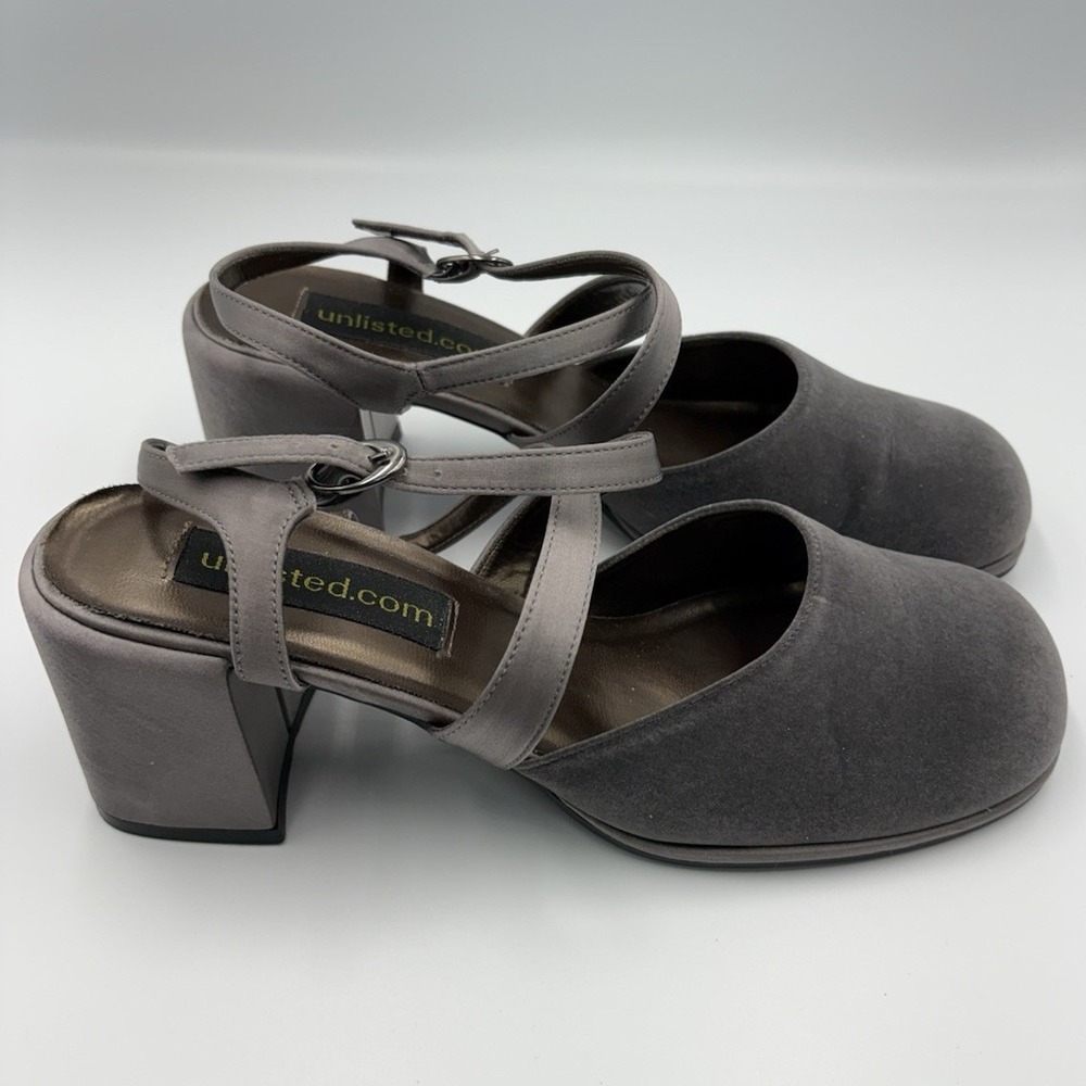 Unlisted Women's Gray Fabric Strappy Ankle Strap Block Heel US 8.5